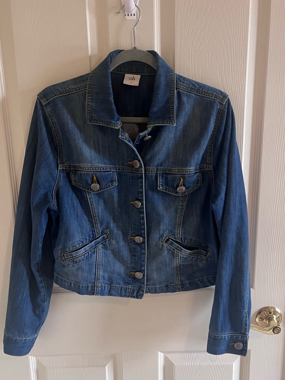 CAbi Blue Denim Jean Jacket with Button Front size Large